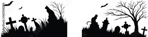Spooky Cemetery at Night with Bare Trees, Flying Bats, and Gravestones in Eerie Black and White Art