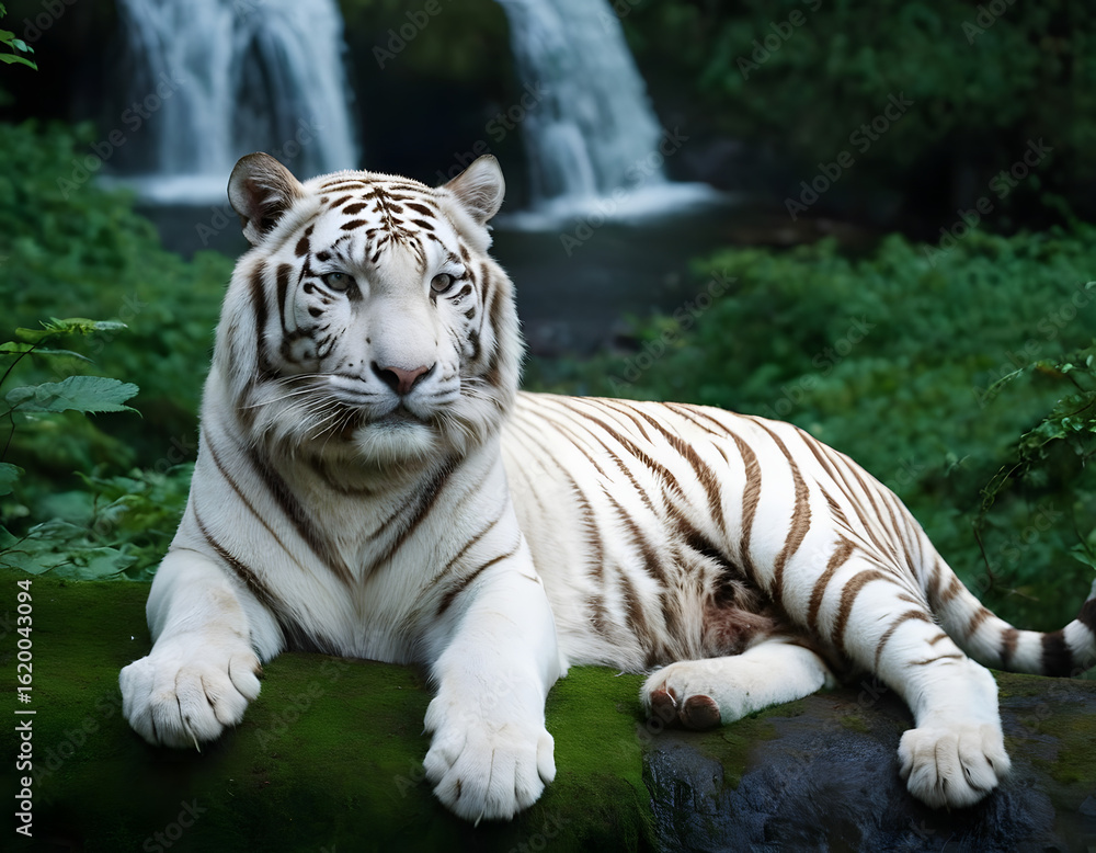 Obraz premium A white tiger is sitting near a waterfall in the green forest.