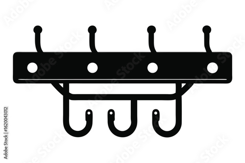Black Wall Mounted Rack with Four Pegs and Three Lower Hanging Hooks