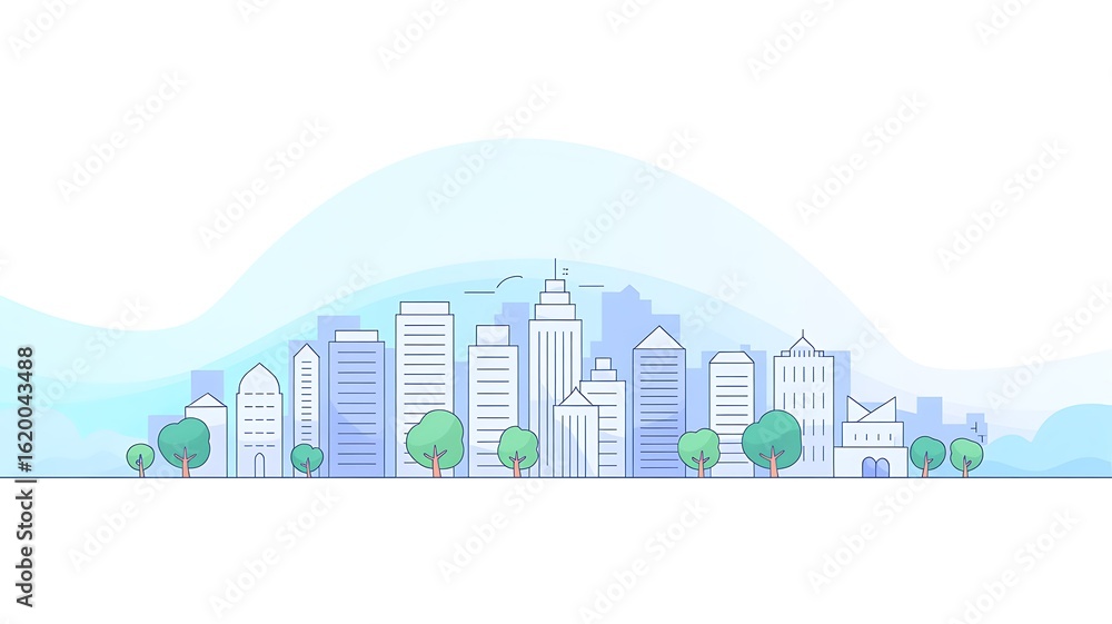 Obraz premium Modern city skyline with tall glass buildings and green trees