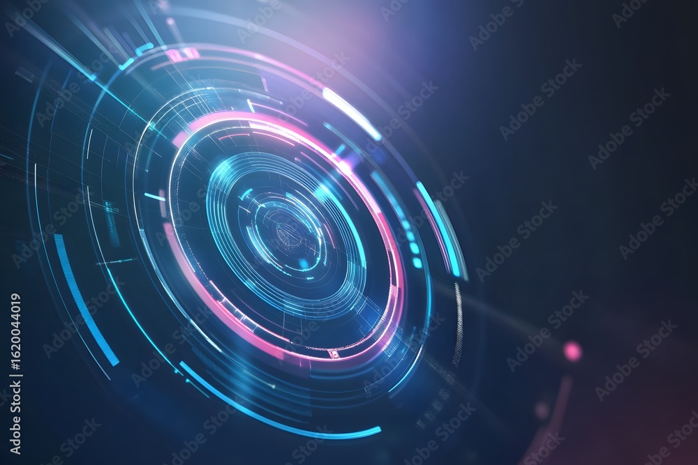 Fototapeta premium Radar scan effect with circular glow, tech dashboard background, smooth light lines