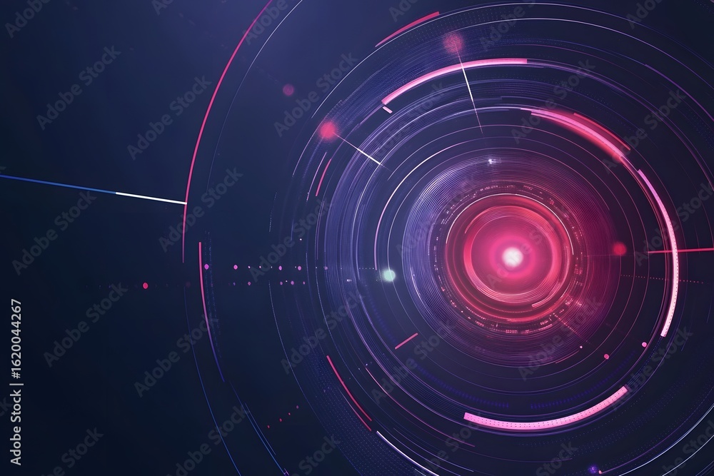 Fototapeta premium Radar scan effect featuring circular glowing rings, tech dashboard background, and smooth light lines.