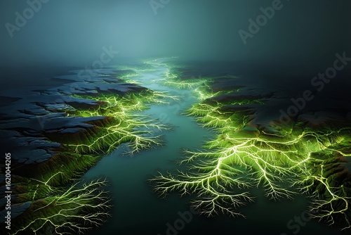 A mystical glowing green river flows through a dark, ethereal landscape in this surreal digital artwork.