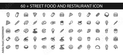 set of Street food and restaurant icon. Thin line editable stroke icons for fast food, global cuisine, delivery apps, takeaway, menus and culinary branding