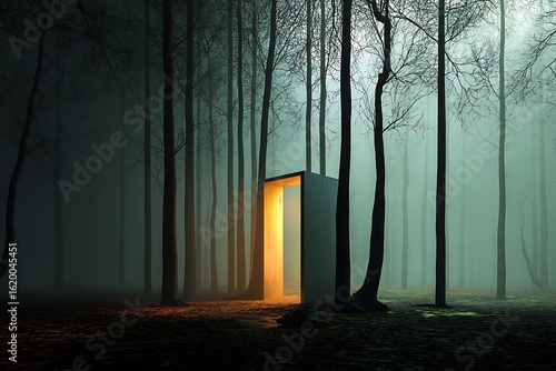 Mysterious glowing portal in a dark foggy forest at night, a path to the unknown