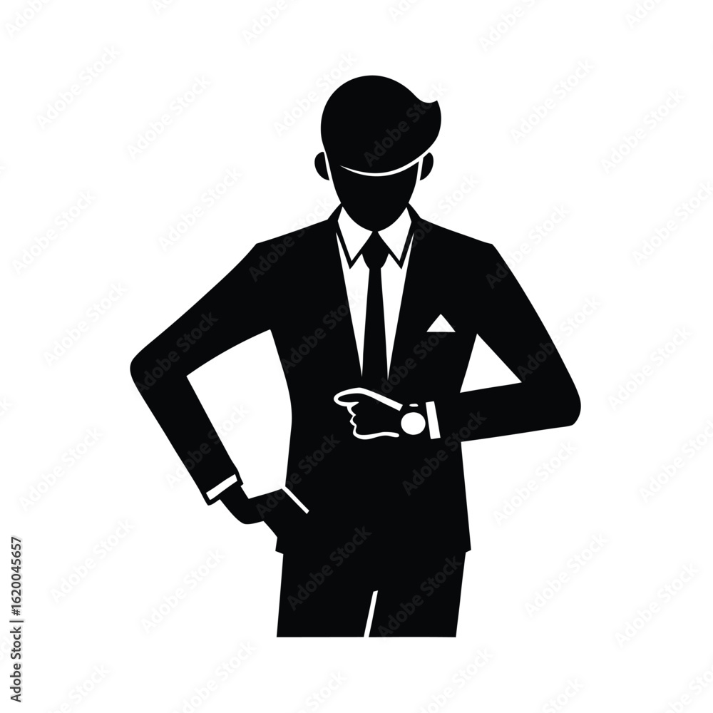 Black silhouette of a businessman checking watch Vector illustration Black silhouette of a businessman checking watch Vector illustration