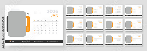 Desk calendar design template 2026, New year 2026 desk calendar template, Week start on Sunday