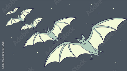 A whimsical flock of pale green bats with large wings soars through the dark night sky accompanied by tiny white stars
