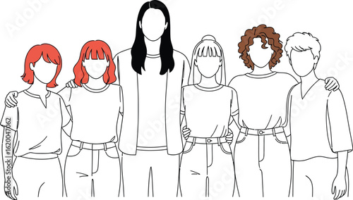 Diverse group of women standing together line art illustration