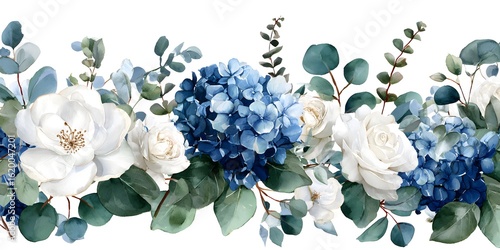 Watercolor white and blue hydrangea floral garland, roses, and eucalyptus on a white background.