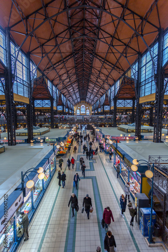 Elevated view of stalls in the interior of Budapest Central Market, Budapest, Hungary