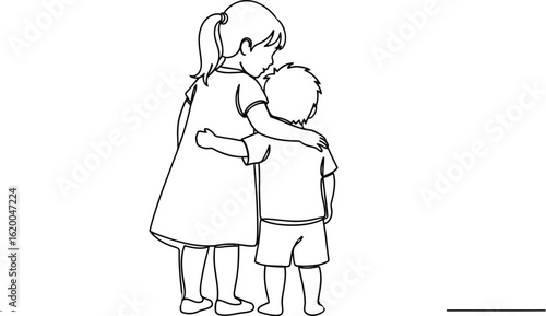 Continuous line drawing of siblings hugging minimalist vector art
