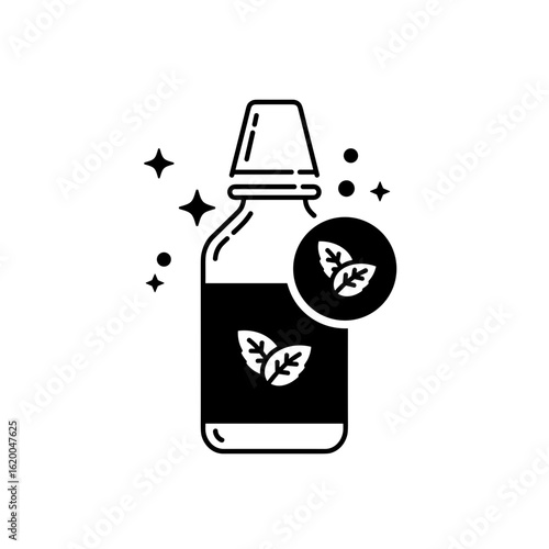 Herbal tincture bottle with leaves and sparkling elements  