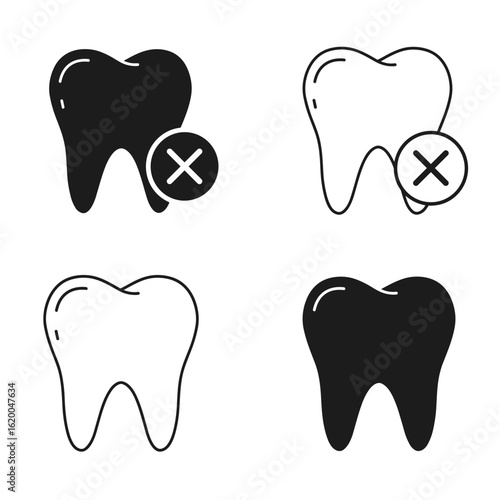 Tooth icons in black and white showing dental health symbols  