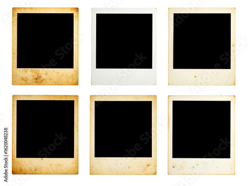 Six vintage polaroidstyle blank photo frames on white background, perfect for retro photo blog mockups, social media graphics, or design projects.