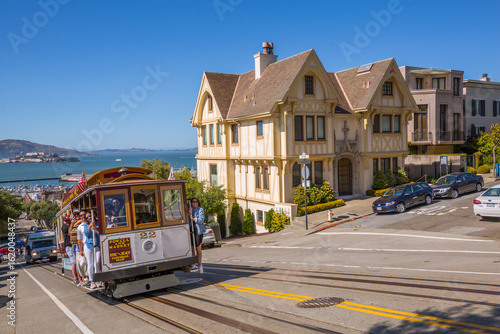 Cable Car on Hyde Street and Alcatraz visible in background, San Francisco, California