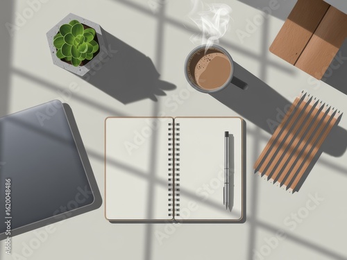 Cozy Workspace with Laptop, Notebook, Coffee, and Plant in Morning Light