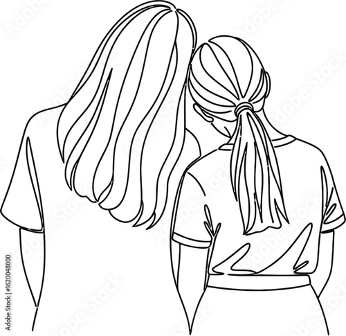Continuous line drawing of two girls friendship and togetherness