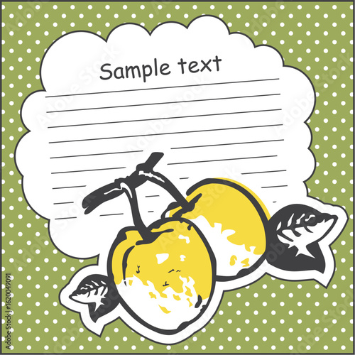 Vintage-style fruit label or recipe card with yellow apples and dotted background. Blank space for text or notes, ideal for kitchen or food-themed designs.