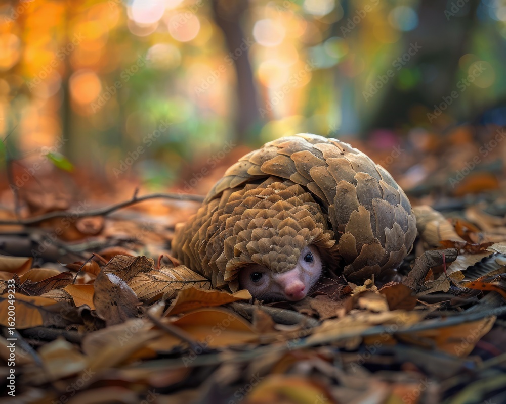 Fototapeta premium Pangolin curled up in fallen leaves.
