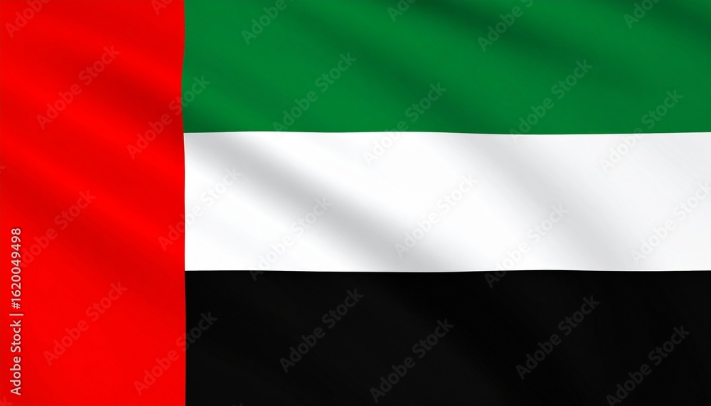 Obraz premium Flag of the United Arab Emirates featuring four distinct colors — vertical red stripe on the hoist side, followed by horizontal green, white, and black bands — symbolizing unity, sacrifice, peace, and