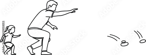 Father and daughter skipping stones line art vector illustration
