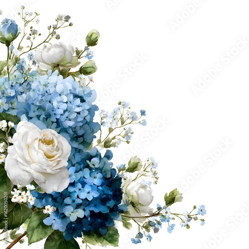 Watercolor painting of white and blue hydrangeas with roses and baby's breath flowers in the corner of the page