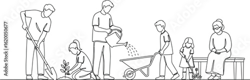 Family gardening together line art vector illustration design