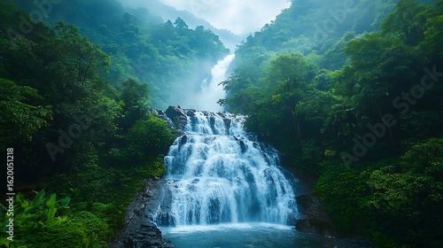Majestic Waterfall Cascading Through Lush Forest