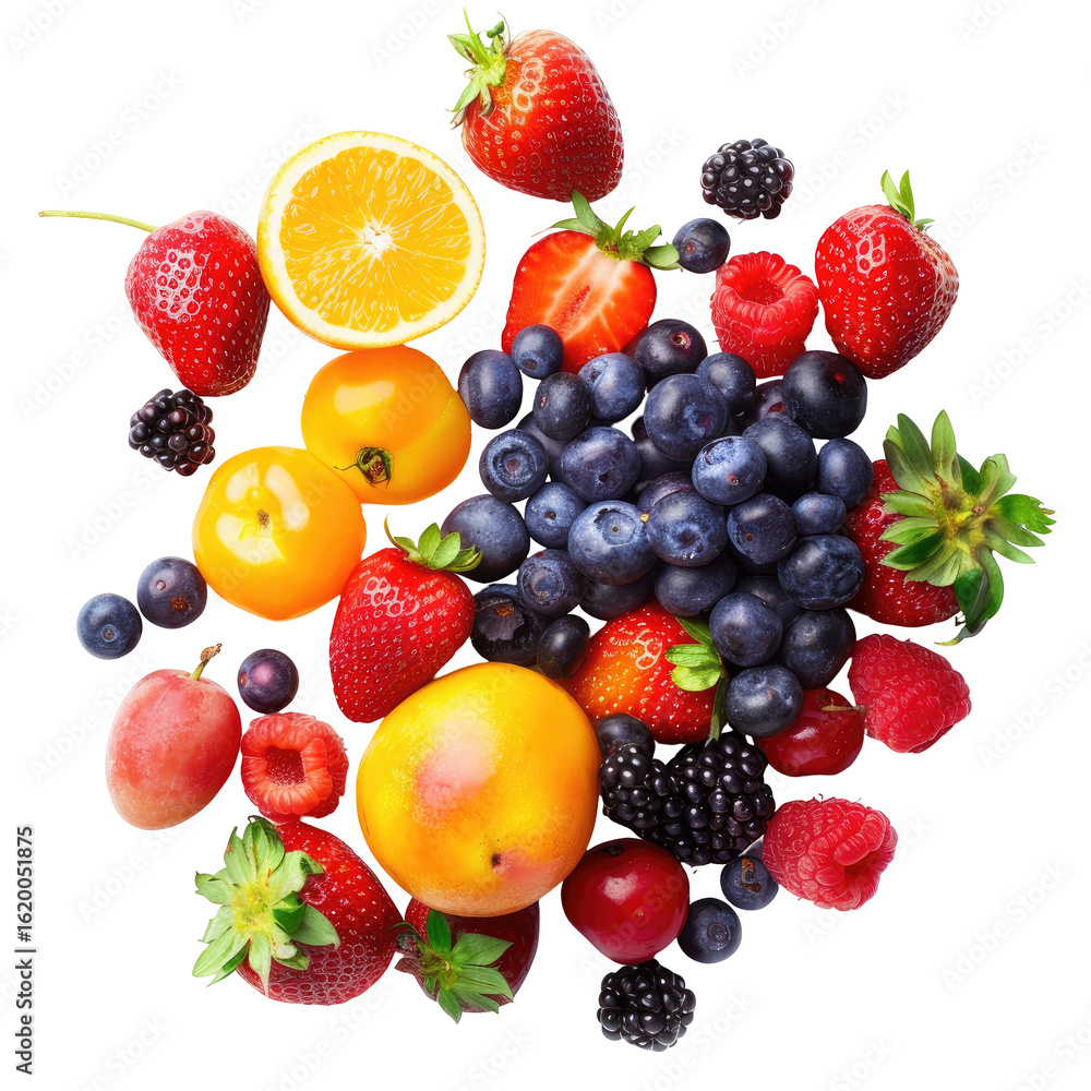 Colorful fruit medley, vibrant mix of berries, citrus, and stone fruit Colorful fruit medley, vibrant mix of berries, citrus, and stone fruit