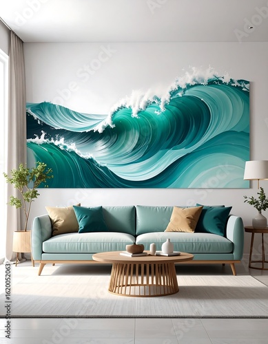 Teal waves artwork in living room