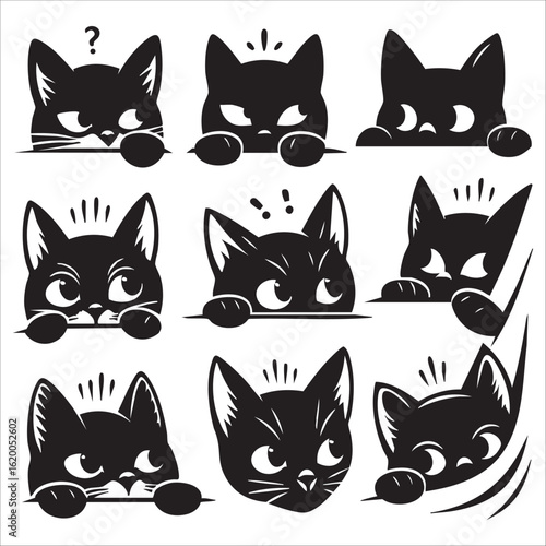Stylish vector set of cats spying or peeking from different edges. Black and white graphic, perfect for stickers, cards, or wall art