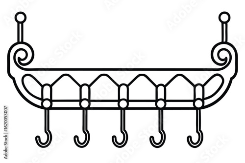 Black Outline of WallMounted Coat Rack with Decorative Scroll Accents and Five Hooks