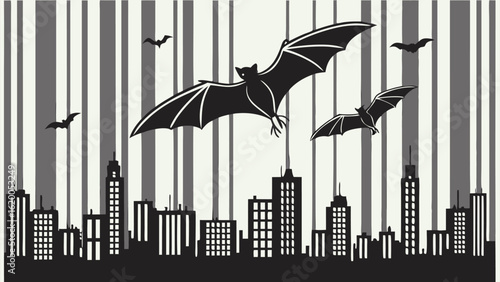 Silhouetted bats soar over a stylized cityscape under a striking striped sky evoking a mysterious nighttime atmosphere