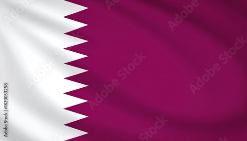 Qatari flag with maroon and white vertical bands separated by a nine-point serrated line, representing bloodshed, peace, and historical alliances
