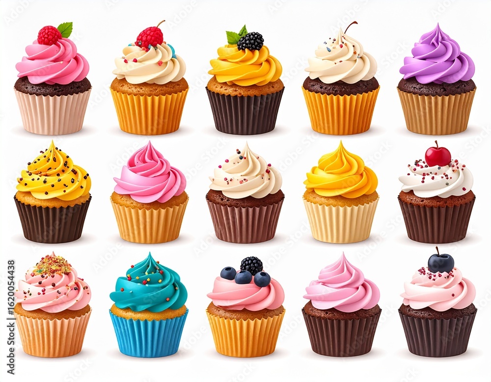 A collection of colorful cupcakes with various frosting styles and toppings A collection of colorful cupcakes with various frosting styles and toppings