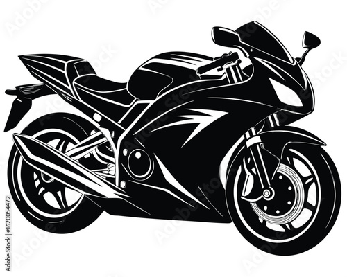 Black silhouette of a sport motorcycle with white accents on white background sportbike bike