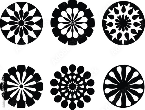 Six Circular Black Silhouettes of Coffee Beans on White Background vector