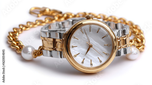 Women's wristwatches featuring pearl details, isolated on a white background for product display 