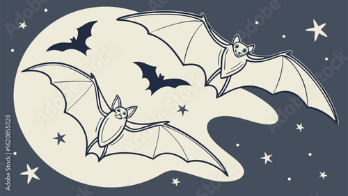 Whimsical halloween night scene featuring stylized bats flying against a large moon and starry sky evoking a classic spooky yet charming atmosphere
