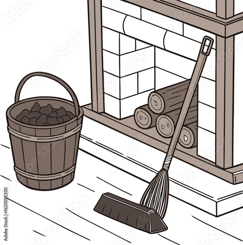 Vintage cartoon illustration of an old metal broom and bucket icon design