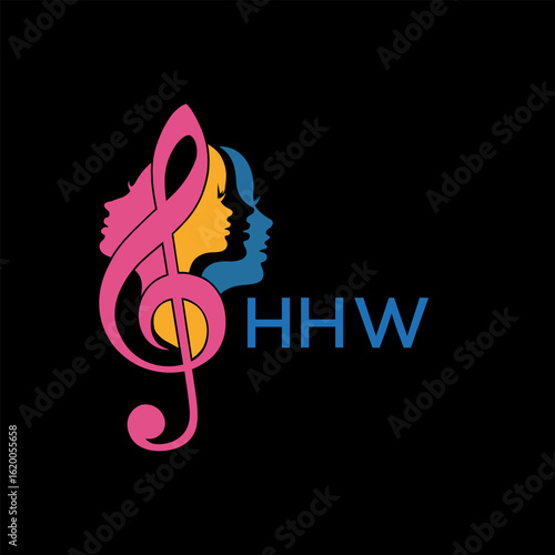 HHW "Colorful Female Silhouettes with Treble Clef Music Symbol on Black Background – HHW Later Logo, Empowerment, Diversity & Art Concept"
