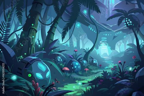 Bioluminescent Biomechanical Jungle in Soft Focus
