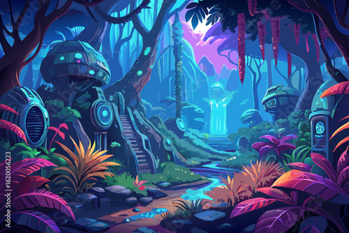 Bioluminescent Biomechanical Jungle in Vibrant Neon