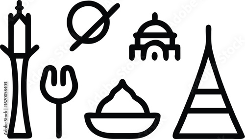Vector art of collection of food and dining related icons including fork, plate, building, and abstract shapes isolated on white background