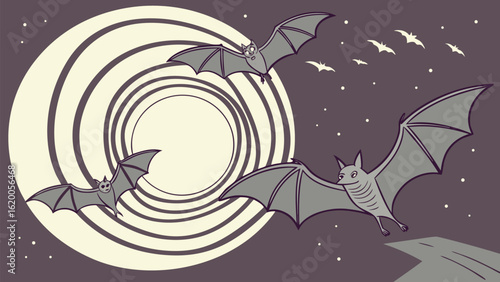 Whimsical bats take flight under a swirling moonlit sky creating a charming and slightly spooky nocturnal scene perfect for halloween