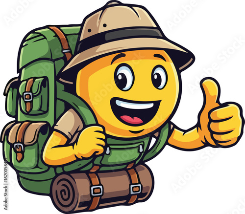 A smiling emoji with a backpack and safari style hat on
