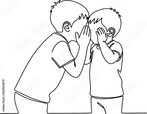 Continuous line drawing of two boys sharing a secret whisper game