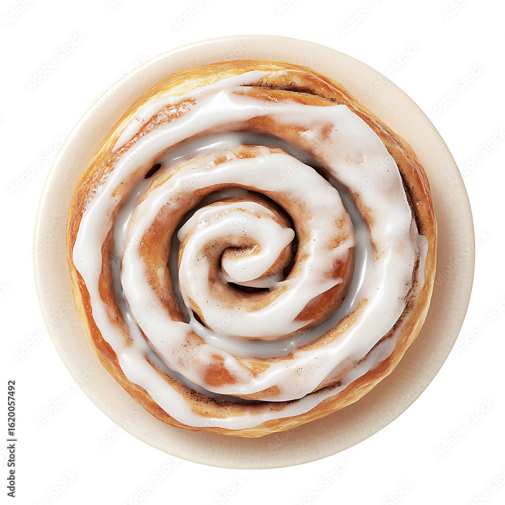 Fototapeta premium A freshly baked cinnamon roll topped with a generous swirl of white icing, presented on a simple plate.