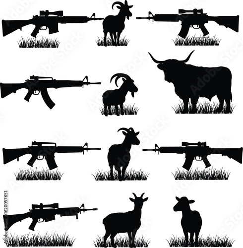 Vector illustration set of rifles and livestock silhouettes, farm animals with assault weapons, conceptual design elements, rural scene clipart, goat, cow, sheep art